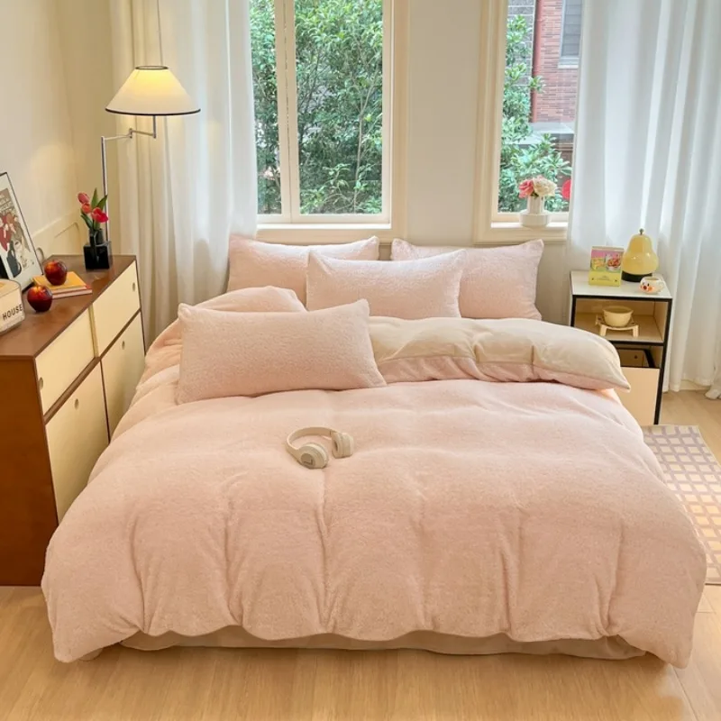 2024 new high-gram winter teddy fleece coral fleece bed four-piece princess style white thickened double-sided fleece bed sheet