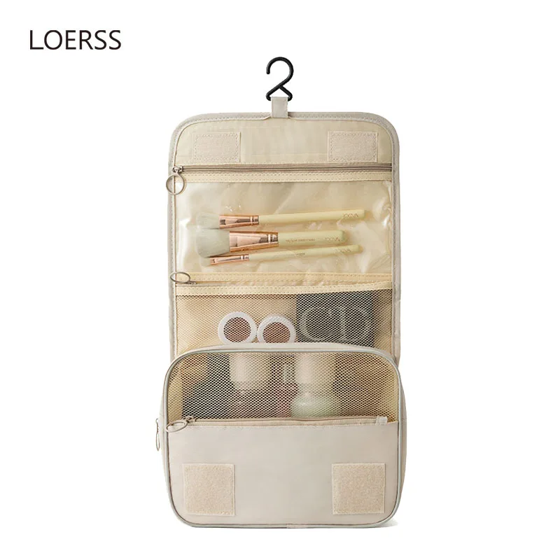 

LOERSS Fashion Make Up Bags Portable Large Capacity Cosmetic Bags Solid Color Hook Bag Travel Toiletries Storage Handbags