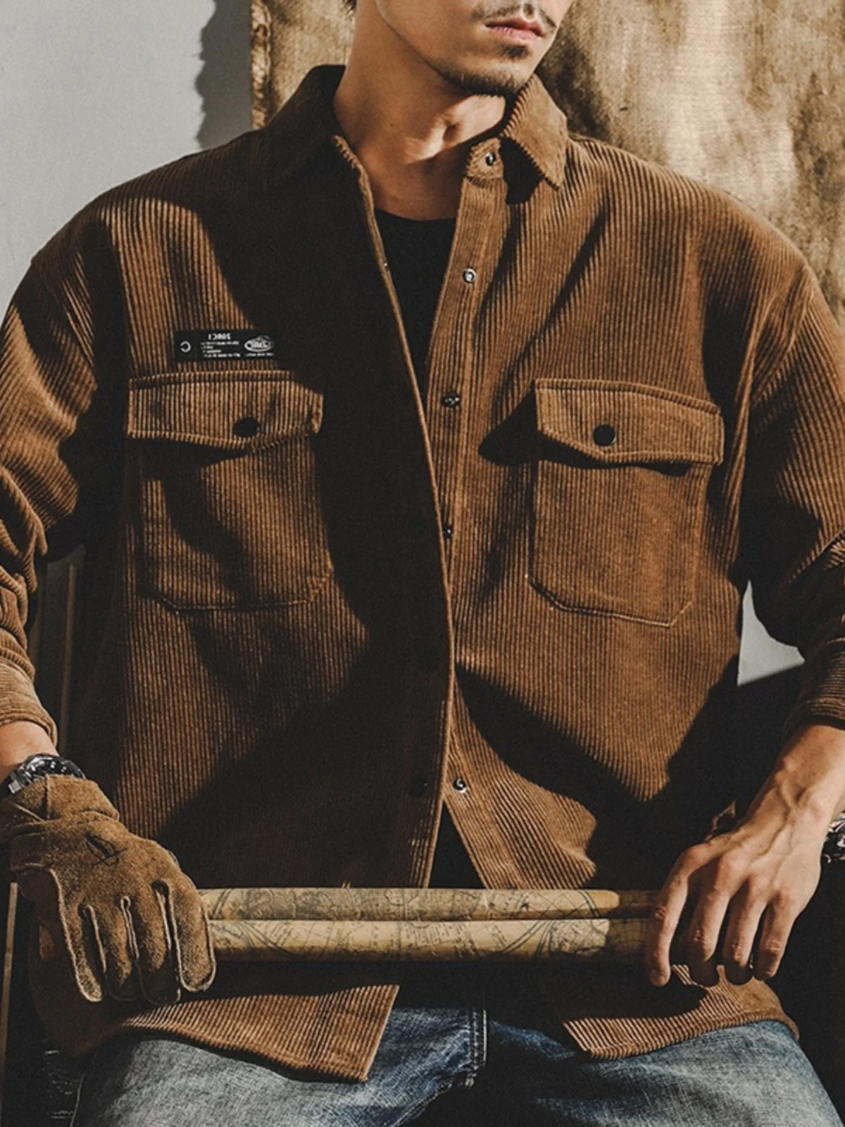 

American Style Loose Fit Men's Khaki Corduroy Jacket Casual Shirt Style Autumn Winter Outerwear Classic Retro Style