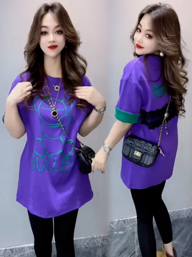 

Pure Cotton Midi T-irt Women's Summer New Sle Waist-Cinching Small Print round Ne Svel Top Korean Sle Commute