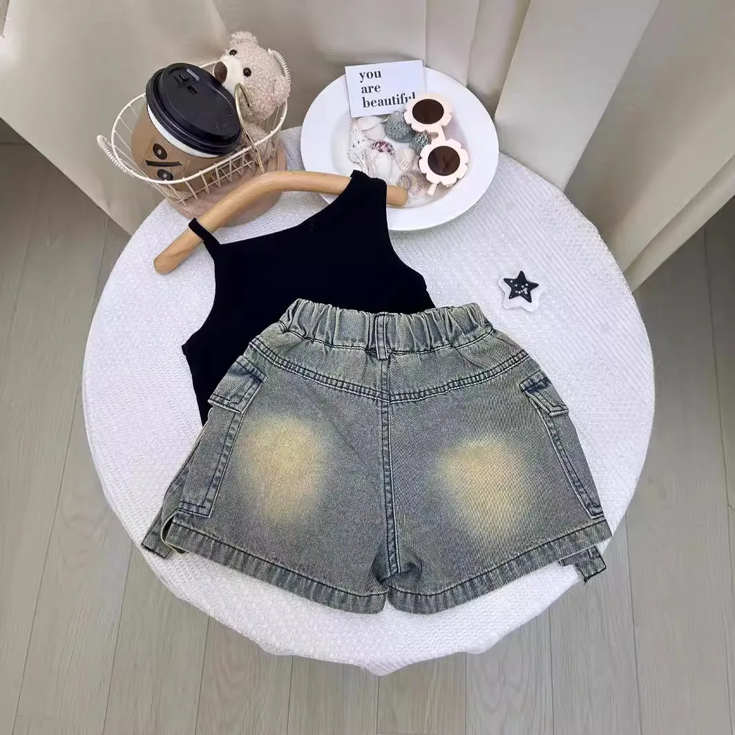 Children\'s Clothing Sets Letter Print Sleeveless Vest + Denim Shorts 2pcs Sets Girls Clothes Set 7 To 8 Years Outfit Sets