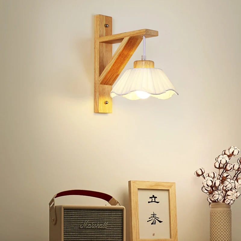 Japanese Wood Wall Lamp Wabi-sabi Style Bedside Light Fabric Lampshade Chinese Lantern Wall Light for Living Room Restaurant E27 image 3