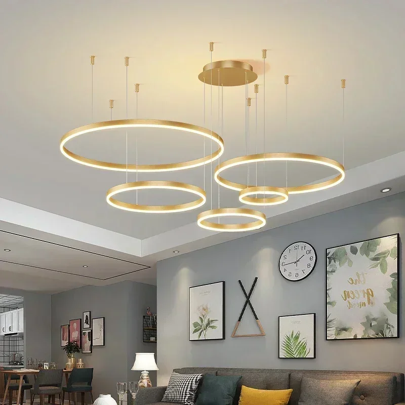 

Luxury Round Stainless Steel Hanging Gold Led Lamp Modern Simple Ring Hanging LED light Hotel Living Room Decoration Chandelier