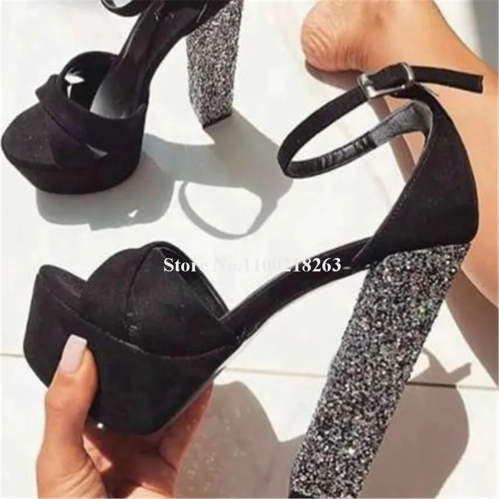 Newest Women Black Suede Patchwork Glitter Chunky Heel Sandals Elegant Open Toe Ankle Strap Sequined Thick Heel Dress Shoes