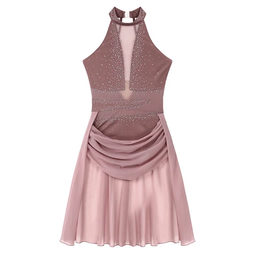 Imagen 2 del producto Vestido de baile lírico moderno para mujer, leotardo de malla transparente con diamantes de imitación brillantes, Ropa de baile para Ballet, gimnasia, patinaje artístico