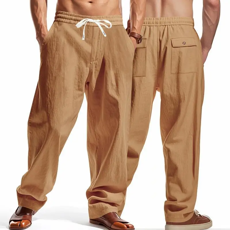 Men's Loose Linen Casual Wide Leg Trendy Beach Sports Four Seasons Breathable Long Pants Straight Leg Type Non-iron Process