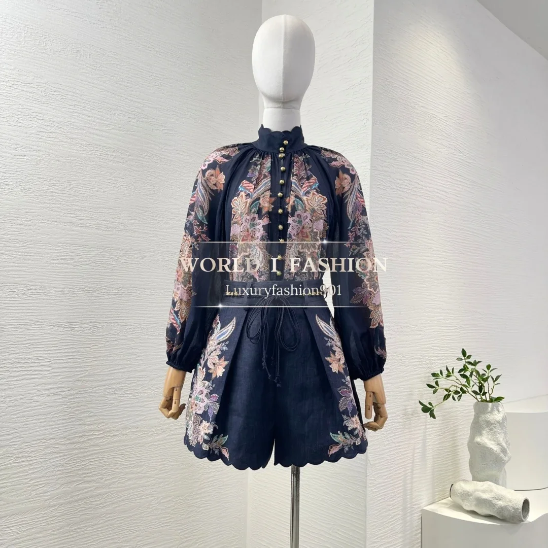 

2025 Navy Blue Paisley Print Long Sleeve Half High Collar Blouse Tops and Shorts Set