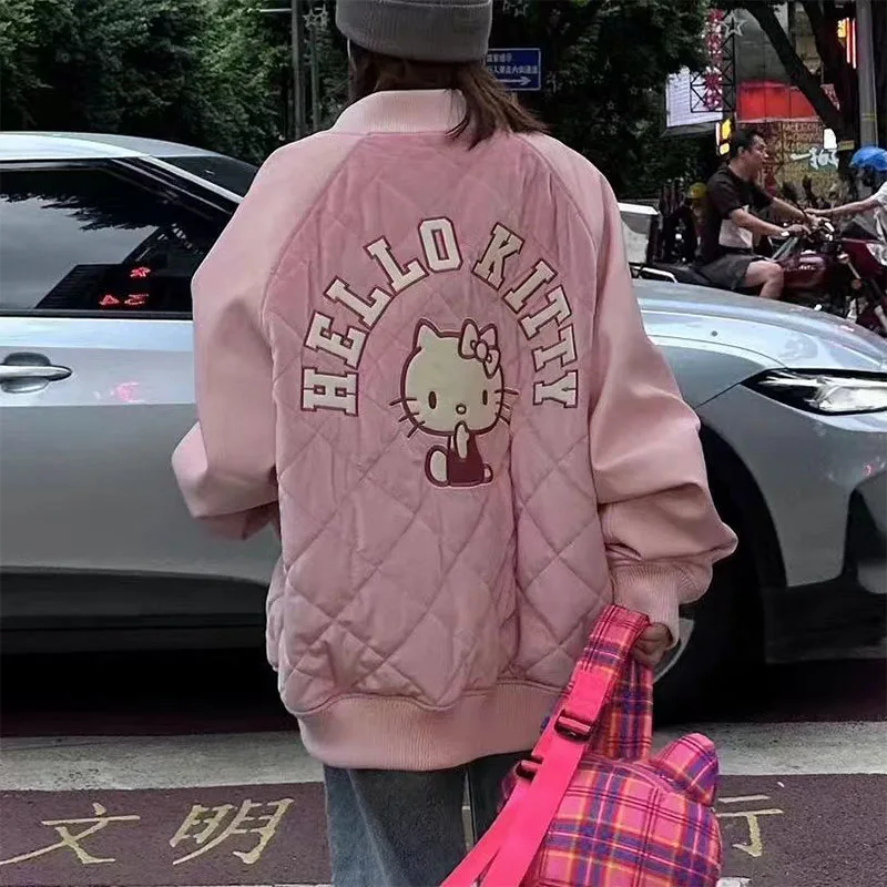 Miniso Sanrio Thickened Baseball Uniform Hello Kitty Kawaii Pink New Autumn and Winter Baseball Jacket Warm Loose Coat Girl Gift