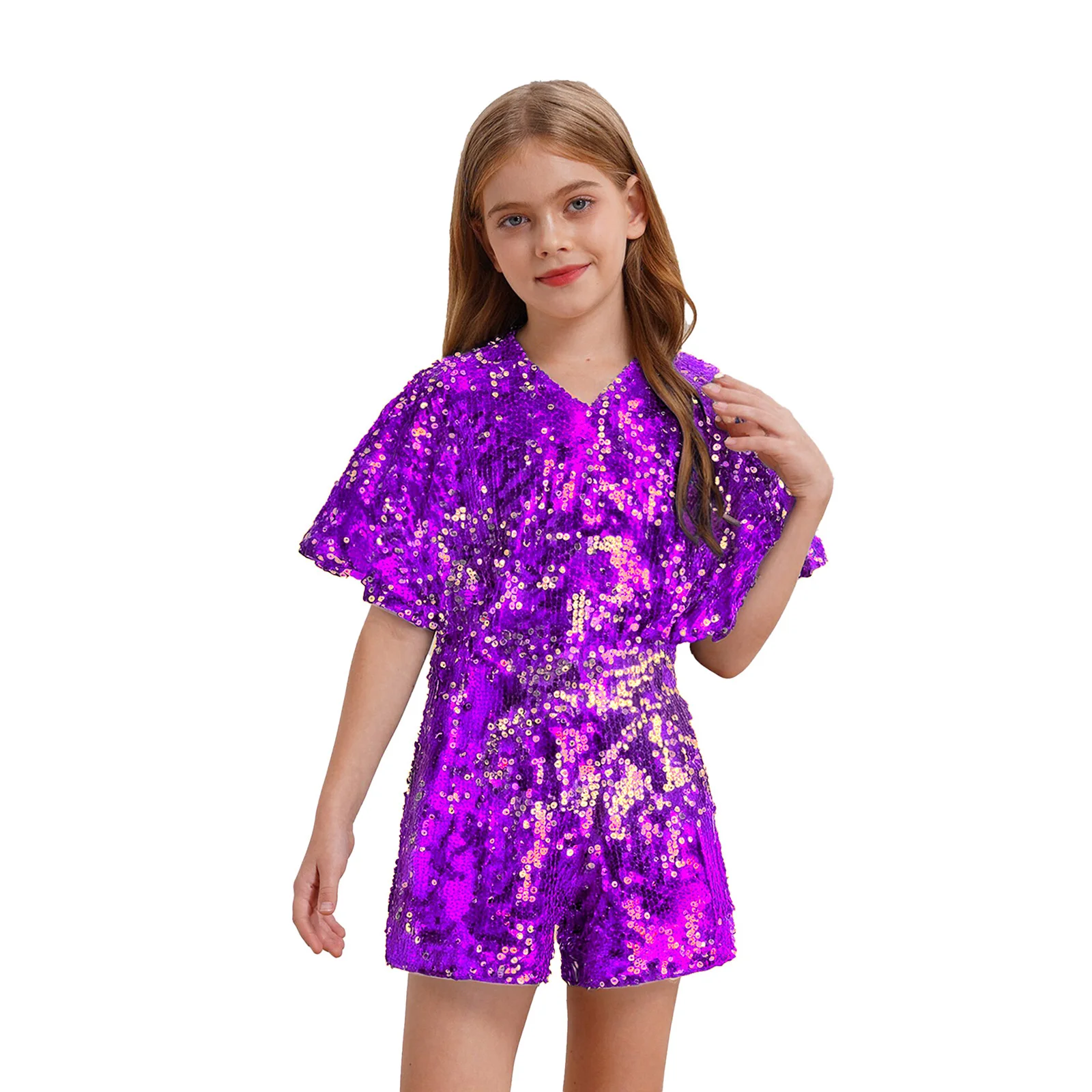 

Kids Girls Sequins Jumpsuit Sparkling Sequins V-Neck Cap Sleeve Bodysuit for Stage Performance Clothing Birthday Party Costume