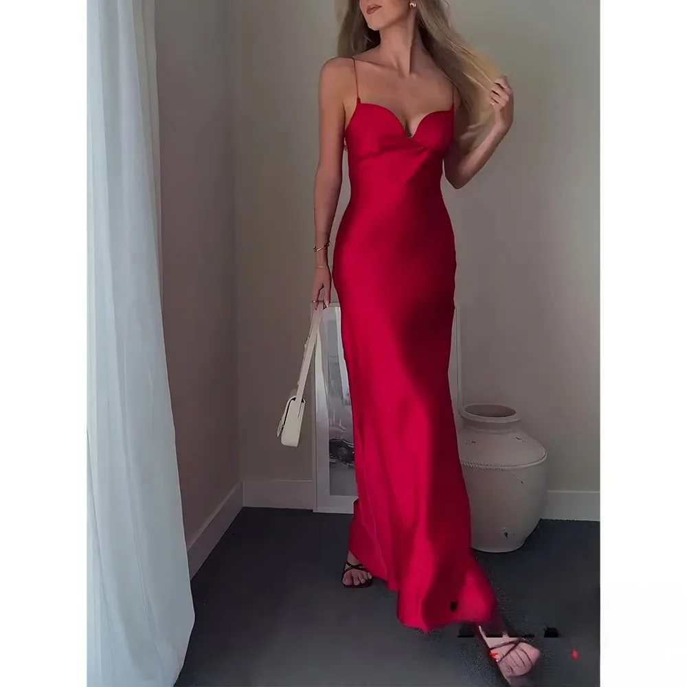 KONDALA シックなイエローサテンワンピース Vネック コルセット ロングドレス レディース セクシー キャミ パーティードレス ファッション 2025 イブニングクラブドレス