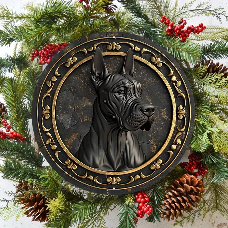 1pc 8x8inch Aluminum Metal Sign Circular Metal Plaque Decoration Great Dane Dog Portrait On Black And Golden Wooden Plate Lf