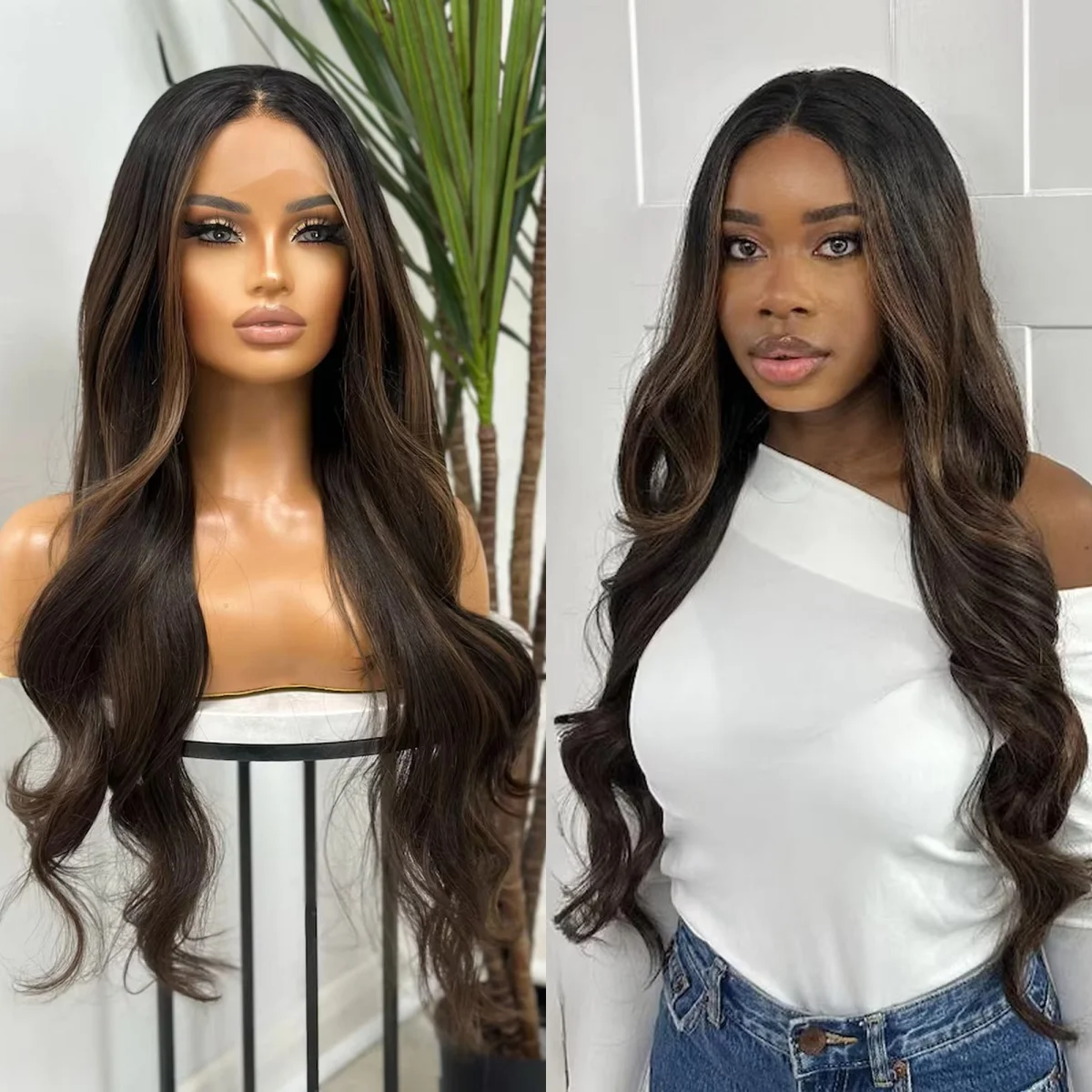 

13x4 Ombre Шоколадно-коричневый мелирование парик фронта шнурка термостойкие волокна брюнетка свободная волна средняя часть парики реалистичного вида