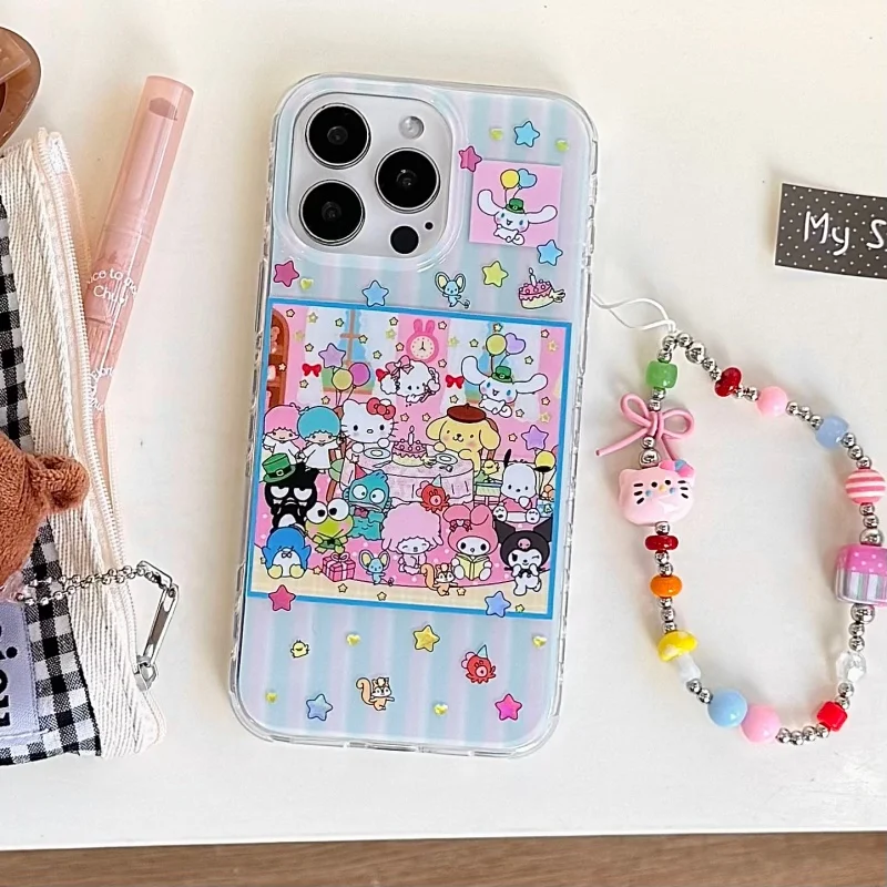 

Cute sweet Pink Blue stripe Cinnamoroll Kuromi my Melody Hello Kitty Cartoon phone Case For iPhone 14 15 16 17 Pro Max Cover