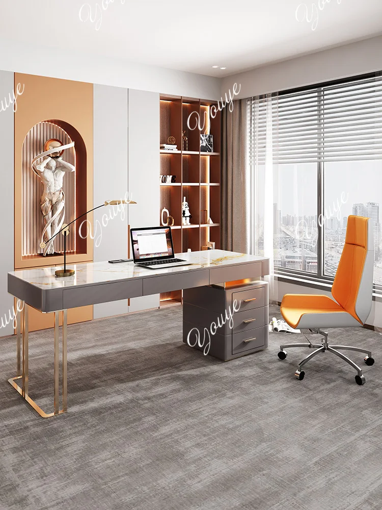 Light luxury rock slab desk Modern simple stainless steel boss table Writing desk Office study home