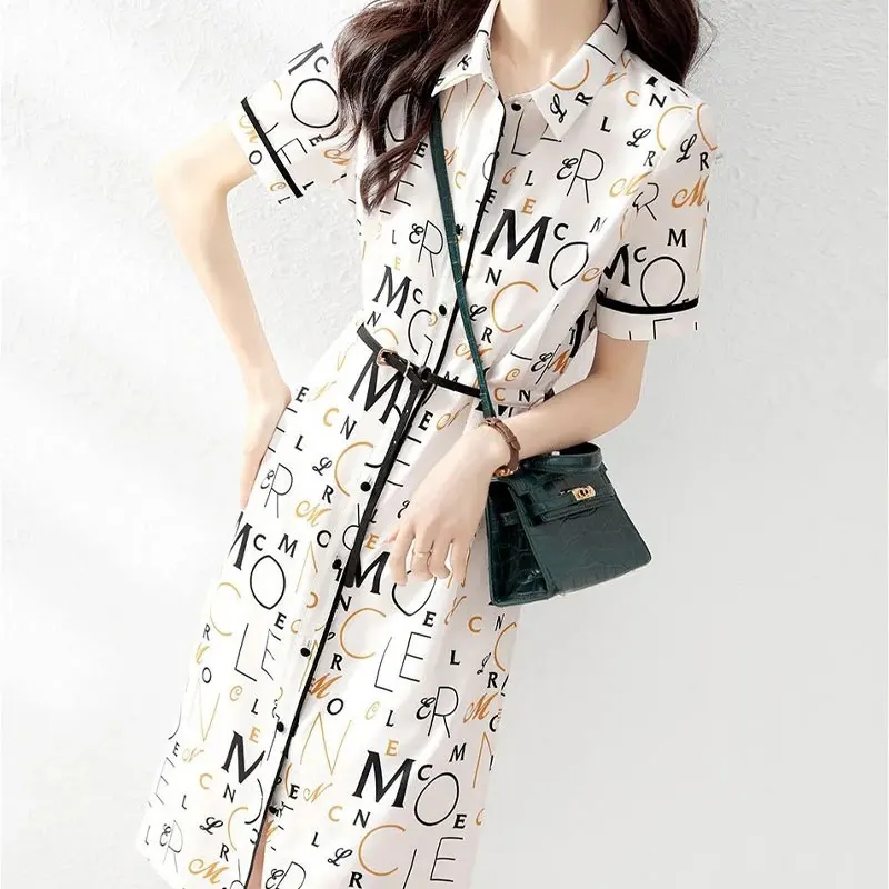 Female Clothing Letter Printed Dresses Stylish Sashes A-Line Summer New Commute Short Sleeve Spliced Casual Polo-Neck Midi Dress