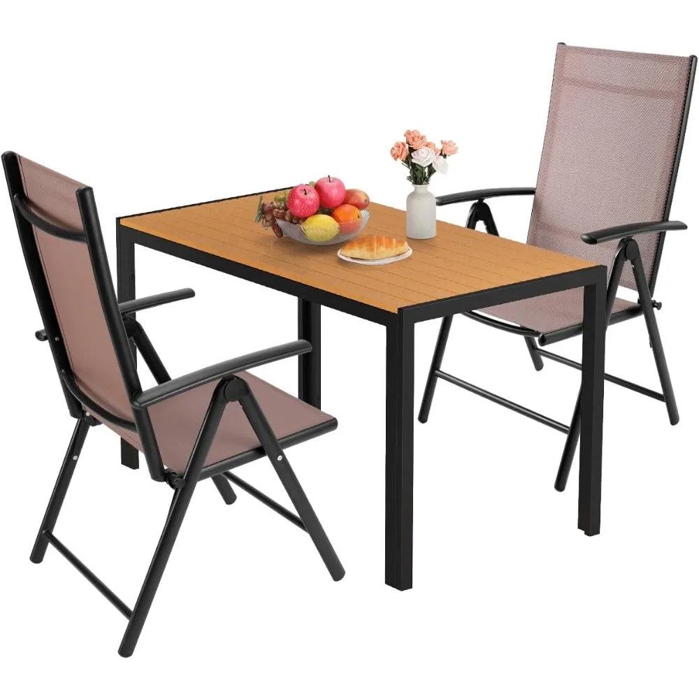 

3-Piece Aluminum Patio Dining Set, 2 Folding Chairs with Breathable Textilene & Brown Patio Dining Table for All Weather, Outdo