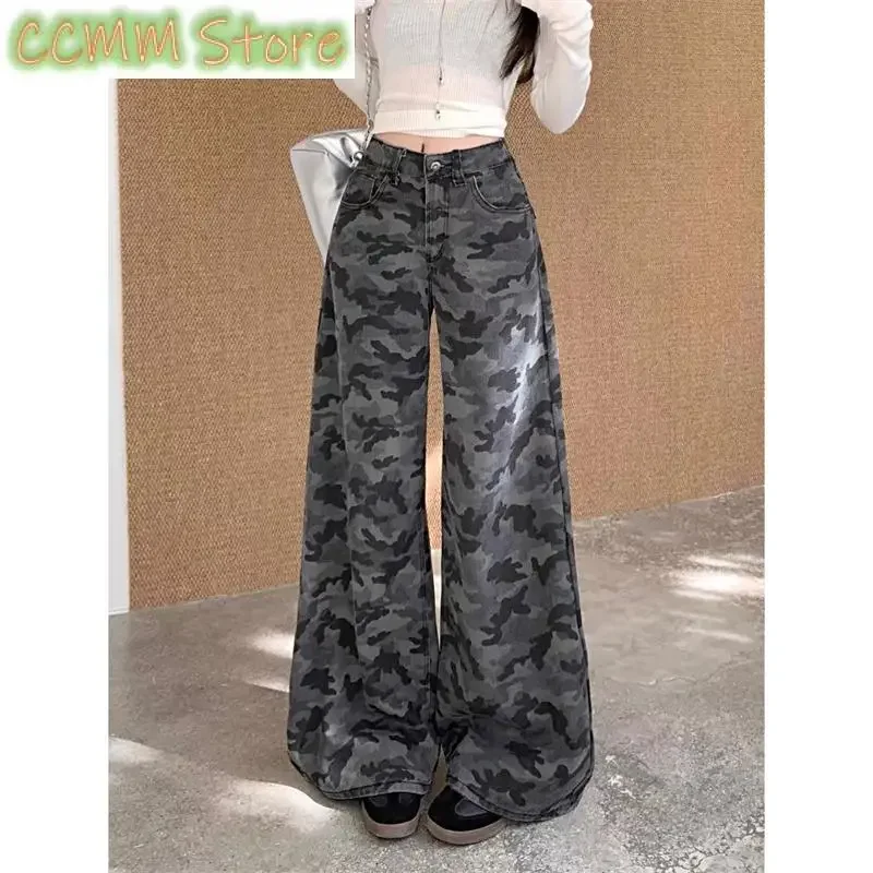 

Women's Retro Camouflage Pattern Wide Leg Casual Pants High Waisted Straight Vintage 90s Streetwear Female Casual Loose Trouser