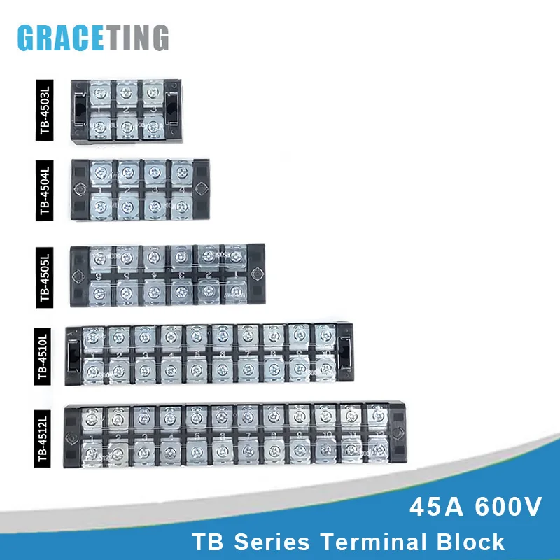 

1Pcs 45A TB Series 600V Dual Row Barrier Screw Terminal Block Wire Connector 3 4 5 6 8 10 12 Positions Ways Brass TB-4503 4506