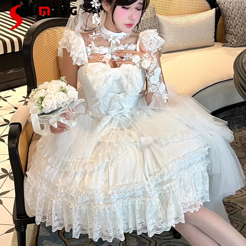 

Summer New Arrival Japanese Lolita Vestidos Sweet Flower Bride Pure White Black Adult Dress Atmosphere Short Original Dresses