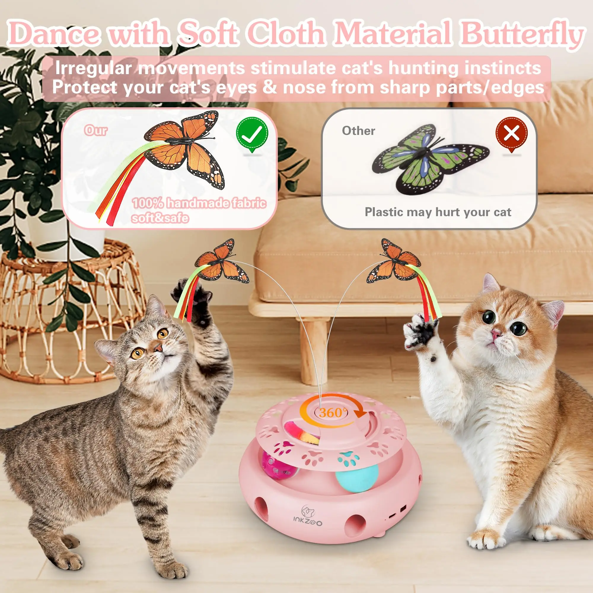 INKZOO 4-in-1 Interactive Cat Toys for Indoor Cats, Automatic 6 Holes Mice Whack-A-Mole, Fluttering Butterfly, Track Balls, USB