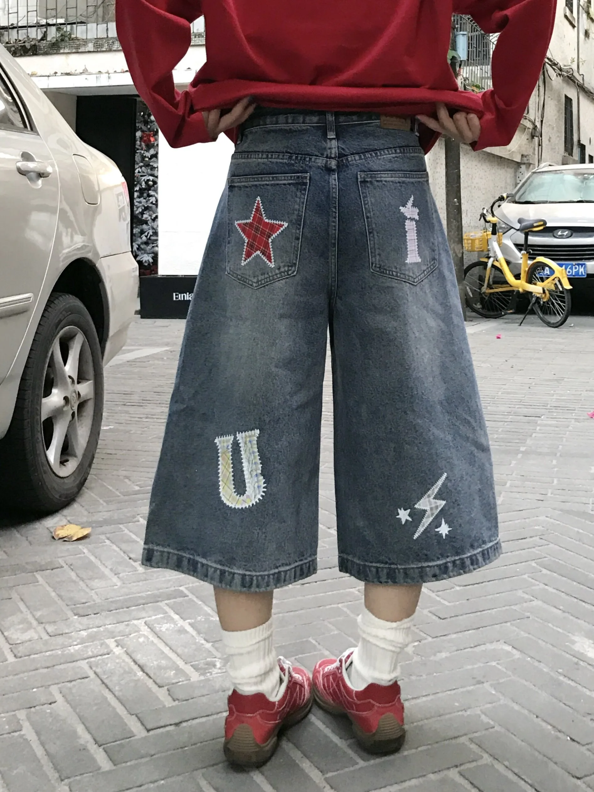 

Retro American Patchwork Embroidered Denim orts Casual Loose Wide Leg Jeans High Waist Button Fly Neutral Sle Summer orts