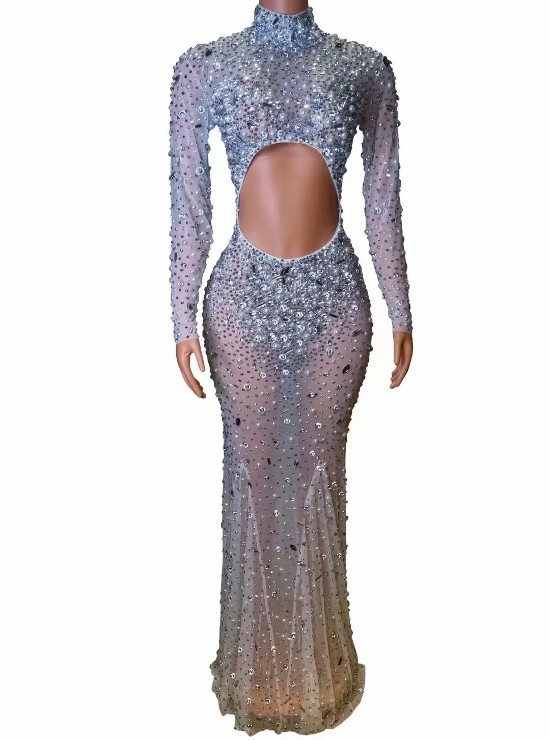 Nightclub Singer outfit  Full Diamond Mesh Perspective Hollow Long Sleeve Wrapped Hip Model Performance Dress