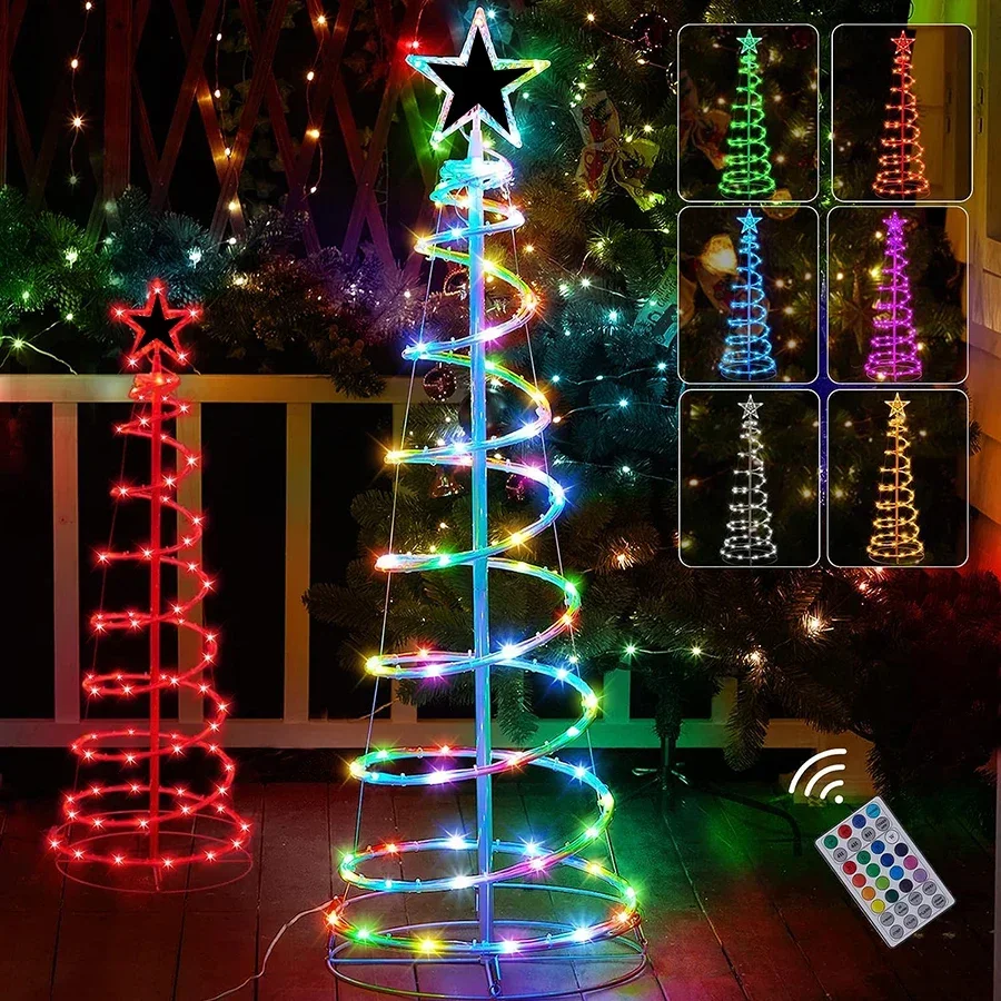 RGB Mudando Espiral Christmas Tree Lights, Topper Star, Guirlanda Luz, Decoração ao ar livre, 1,8 m