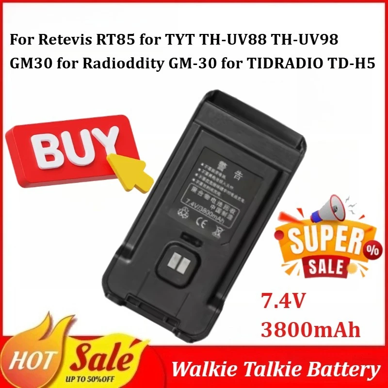 

New 7.4V 3800mAh Walkie Talkie Battery for Retevis RT85 for TYT TH-UV88 TH-UV98 GM30 for Radioddity GM-30 for TIDRADIO TD-H5