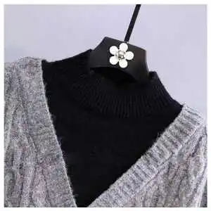 Modny sweter damski z golfem, imitacja dwuczęściowego kompletu, luźny krój, jesień-zima, nowy, gruby, w stylu retro.