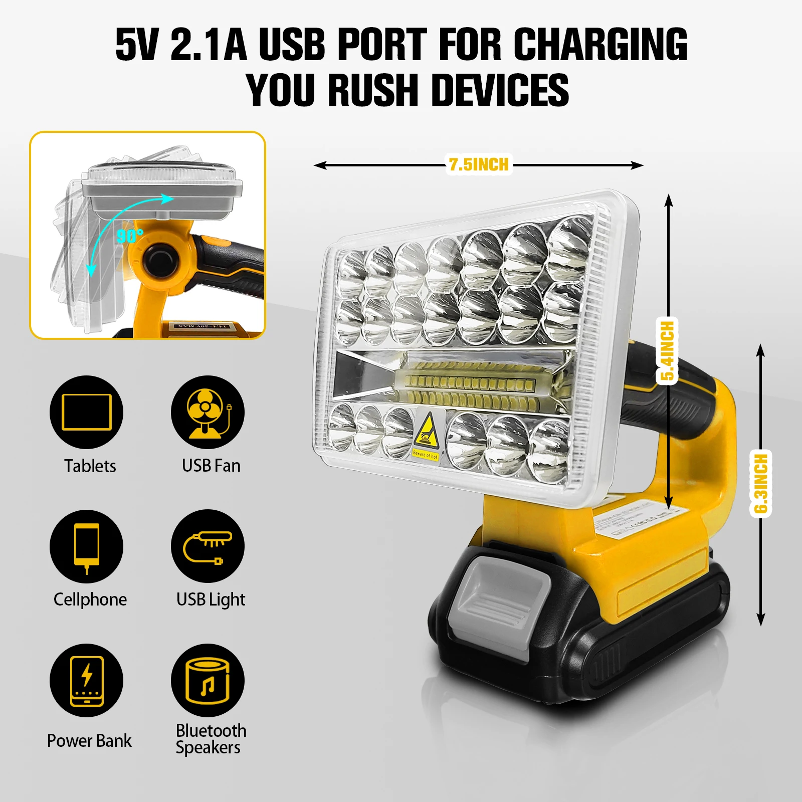 18-ワット-5-インチ-2000lm-led-ワークライト緊急懐中電灯-usb-屋外コードレスツールライト付き-dewalt-144-v-20-v-リチウムイオンバッテリー用