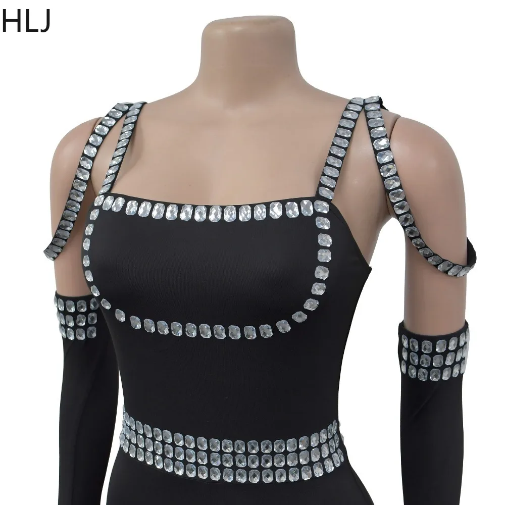 HLJ Fashion Rhinestone Backless Bodycon Jumpsuits Women Strap Sleeveless Party Club Playsuits Female With Sleeve Glove Overalls