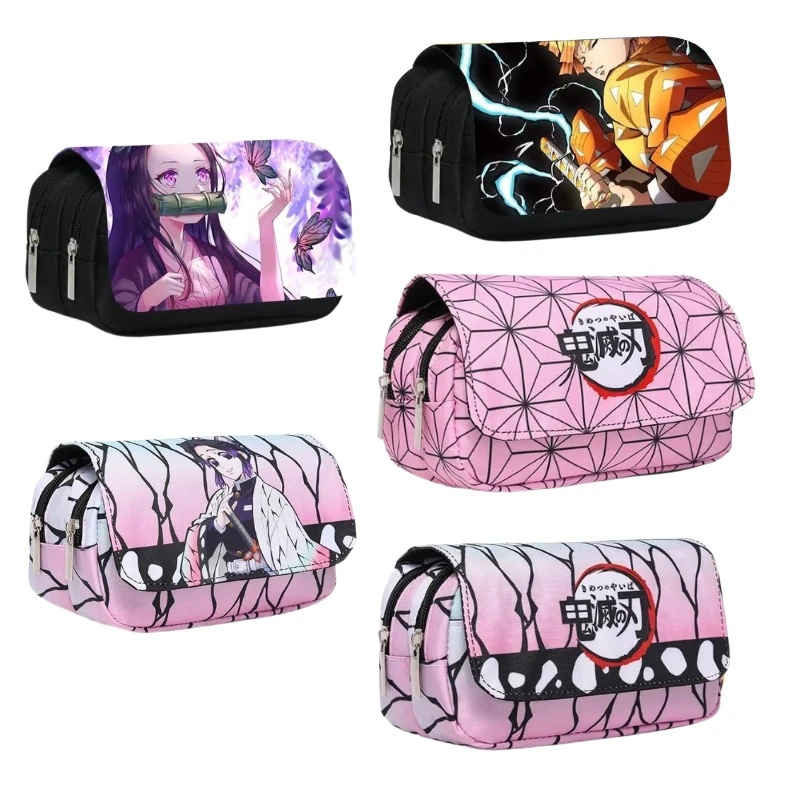 Demônio Slayer Anime Pen Bag Giyuu Zenitsu, Nezuko Tanjirou, estojo de lápis de estudante de camada dupla, saco de armazenamento bonito dos desenhos animados, presentes infantis, quente