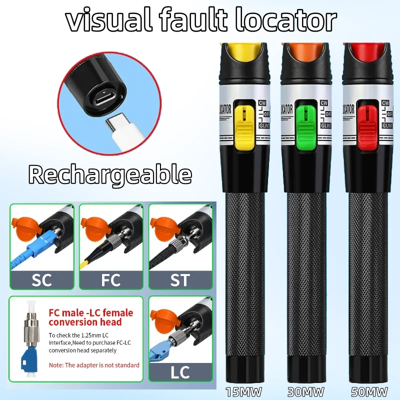 

Перезаряжаемый визуальный локатор неисправностей 15/30/50 МВт FTTH инструмент тестер оптоволокна SC/FC/ST 2,5 мм интерфейс тестер оптоволоконного кабеля
