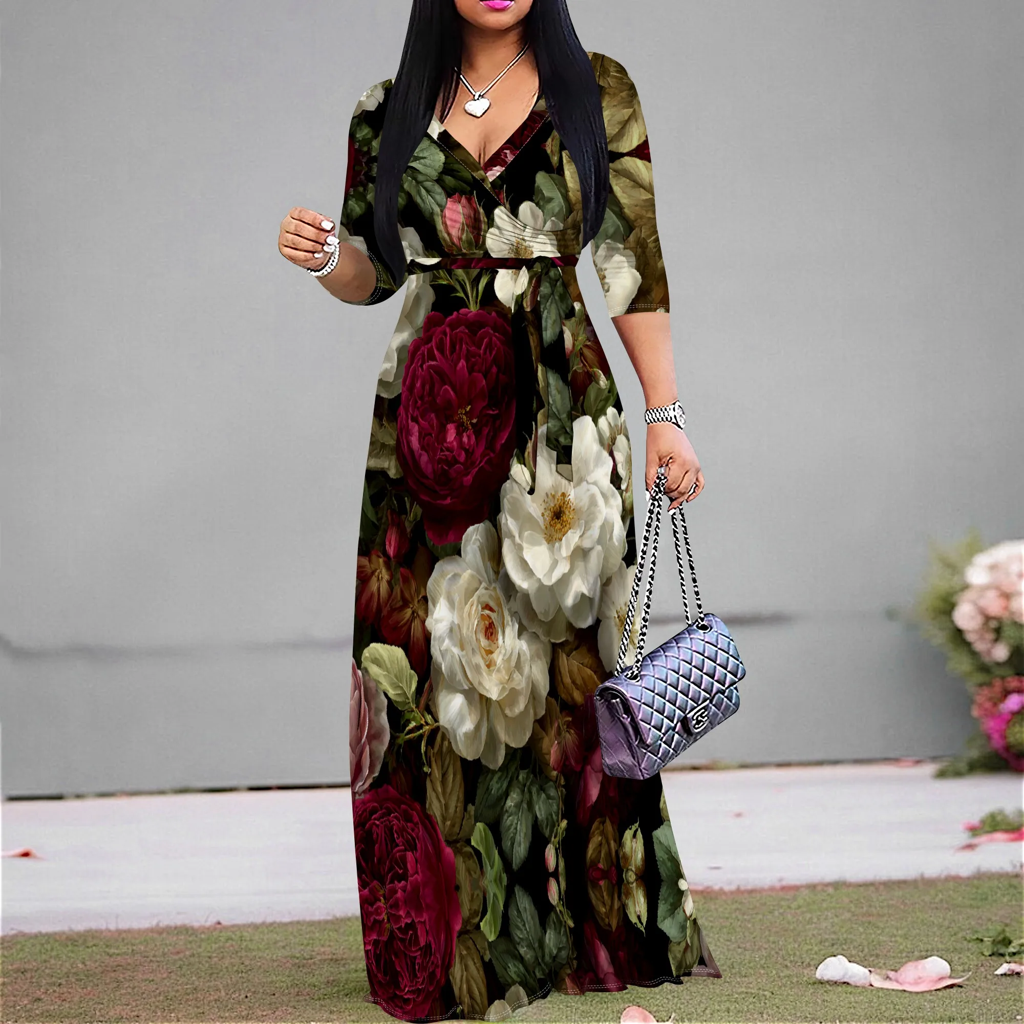 

Women's Floral Print V-Neck Maxi Dress, Three-Quarter Sleeve A-Line Party Dress, Elegant Rose Print Gown for Formal Events