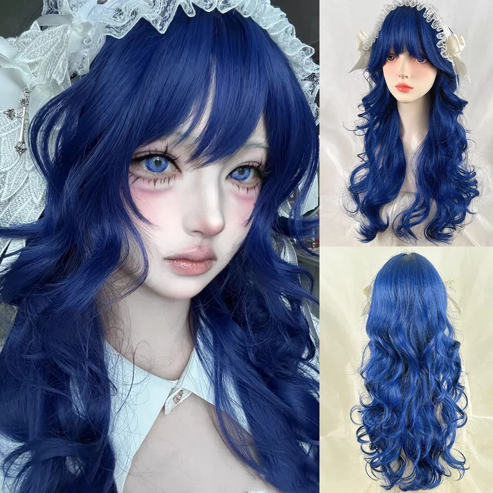 

Long Wavy Layered Blue Synthetic Wigs with Bangs Lolita Cosplay Fluffy Women Wig Heat Resistant for Daily Party