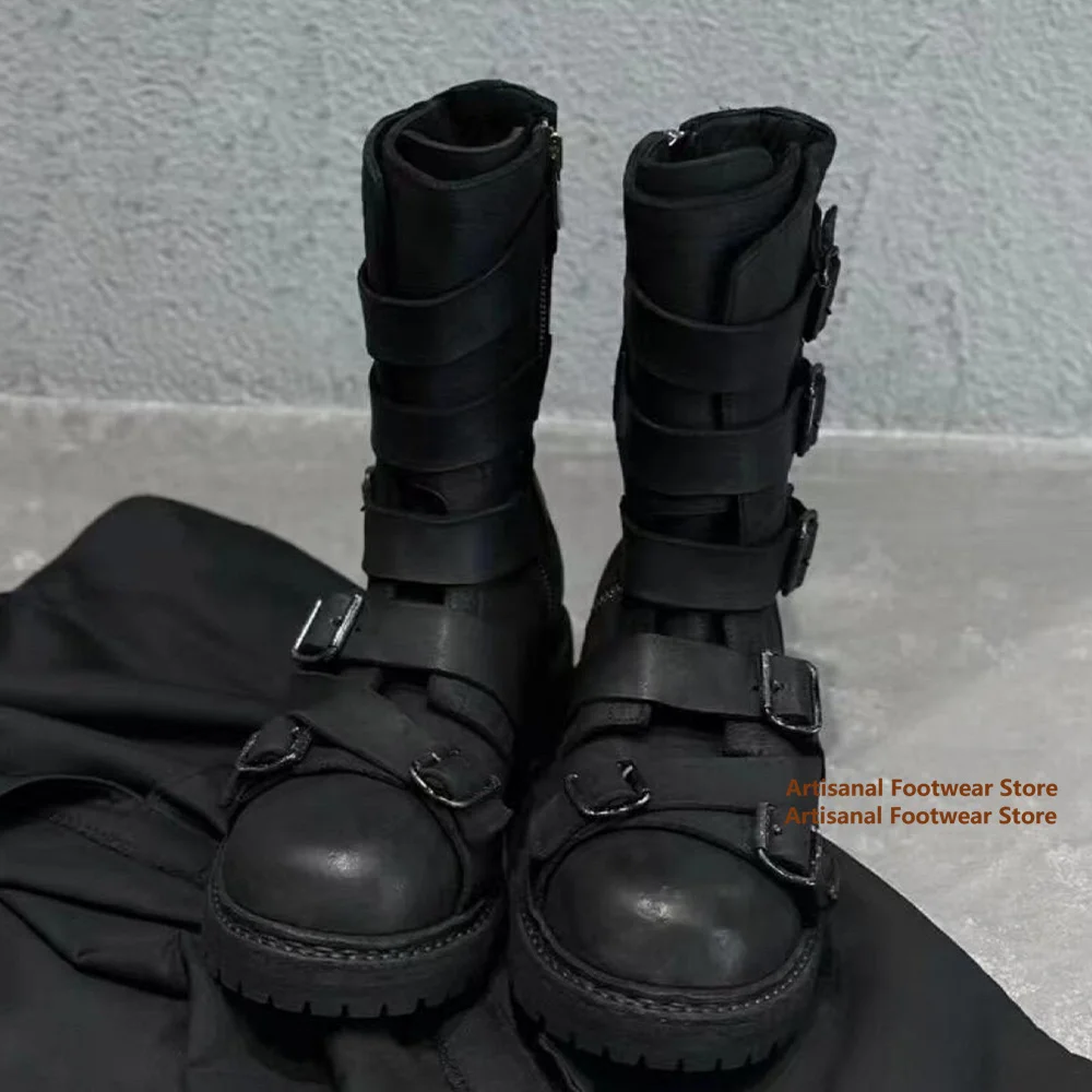 

Black Multi-Belt Buckles Men's Boots Punk Style High Top Motorcycle Boots Males Trendy Handmade Luxury Designer Men's Boots