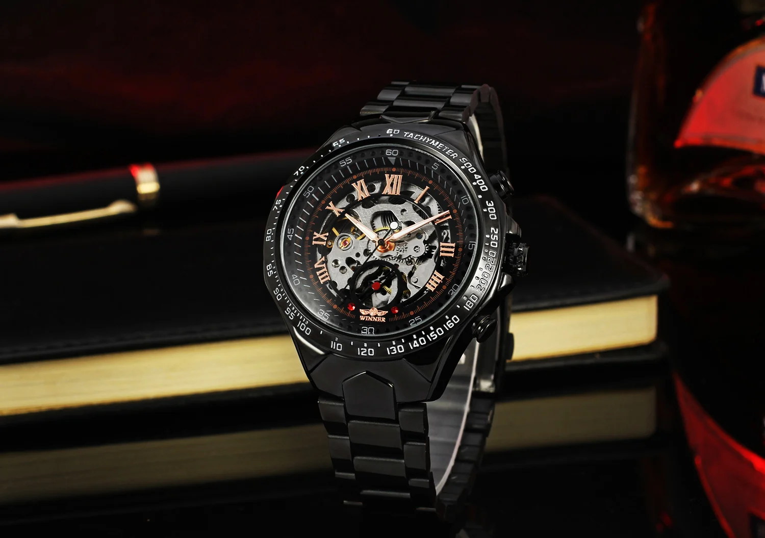 T-WINNER الرياضة الرجال التلقائي الهيكل العظمي ساعة ميكانيكية ريترو الأسود الجوف ساعة الأرقام الرومانية الصلب رجل الأعمال ساعات المعصم