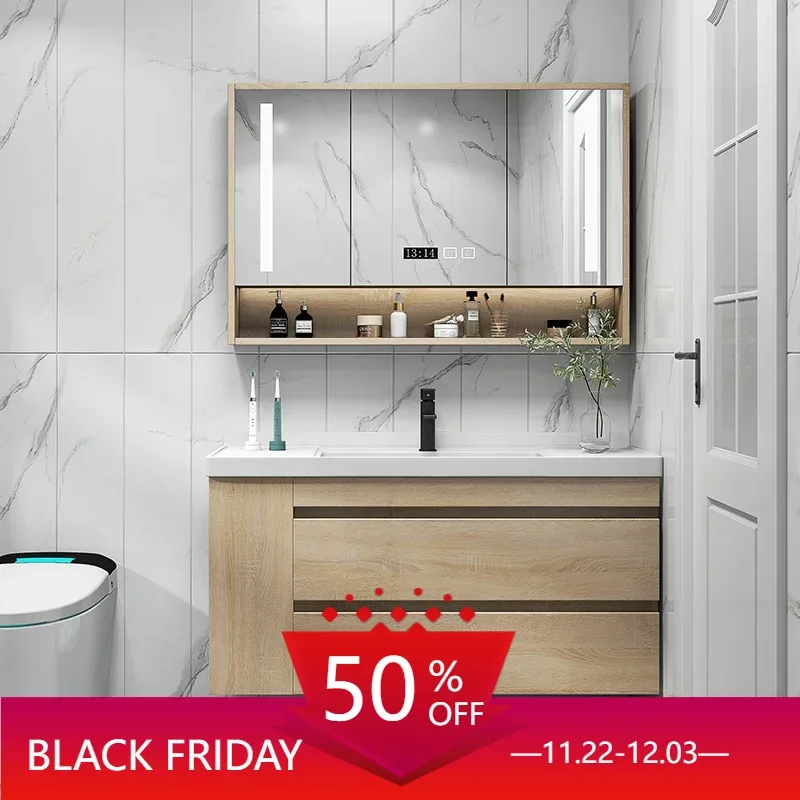 

Ceramic Basin Solid Wood Bathroom Cabinet Combination Light Luxury Bathroom Cabinets Washbasin Sink Modern Minimalist YX50BC