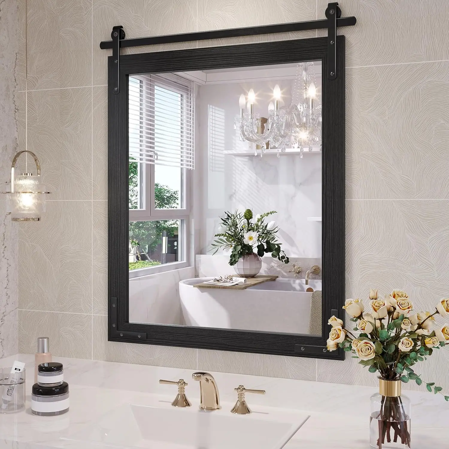 

24x30 дюймов черное зеркало для ванной комнаты в фермерском доме, деревенский настенный декор в деревянной рамке для гостиной, спальни, прихожей