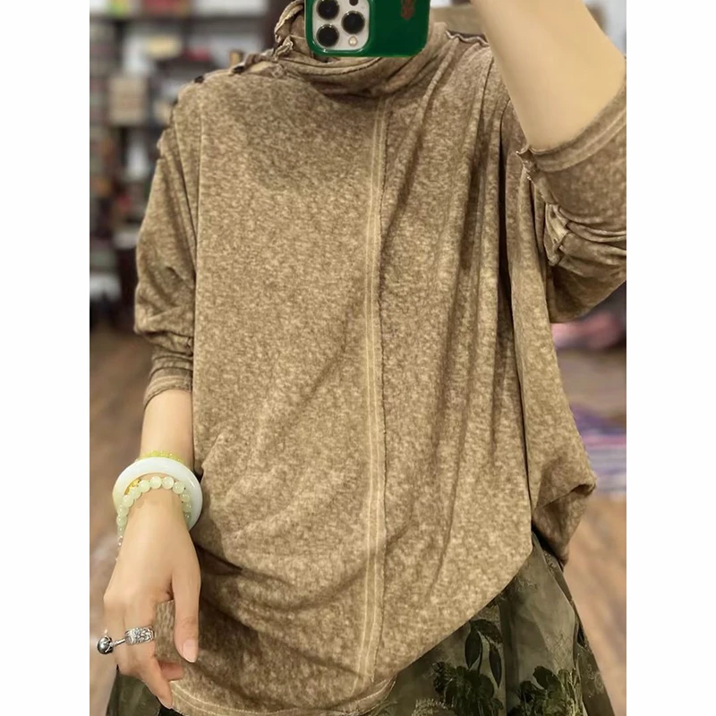 2026 Spring Autumn Arts Style Women Long Sleeve Turtleneck Casual Loose Vintage Tops Tees Double-sided Wear Cotton Tee Shirt