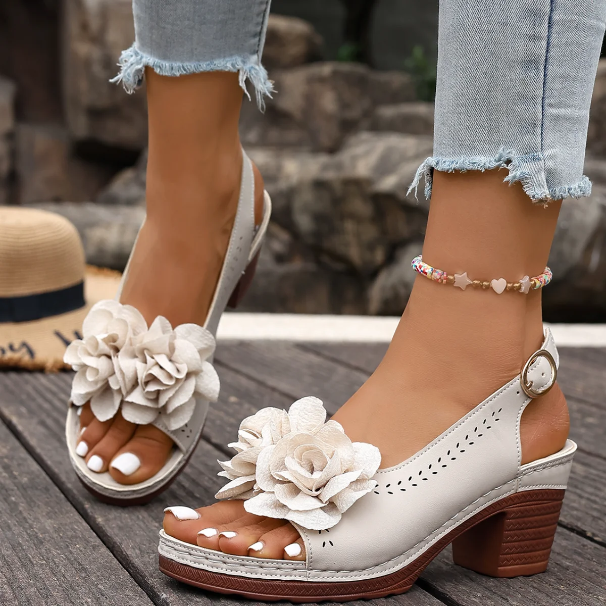 

New Vintage Floral Peep Toe Sandals Women Summer 2026 Chunky High Heels Ankle Strap Sandals Woman Soft Sole Party Dress Shoes