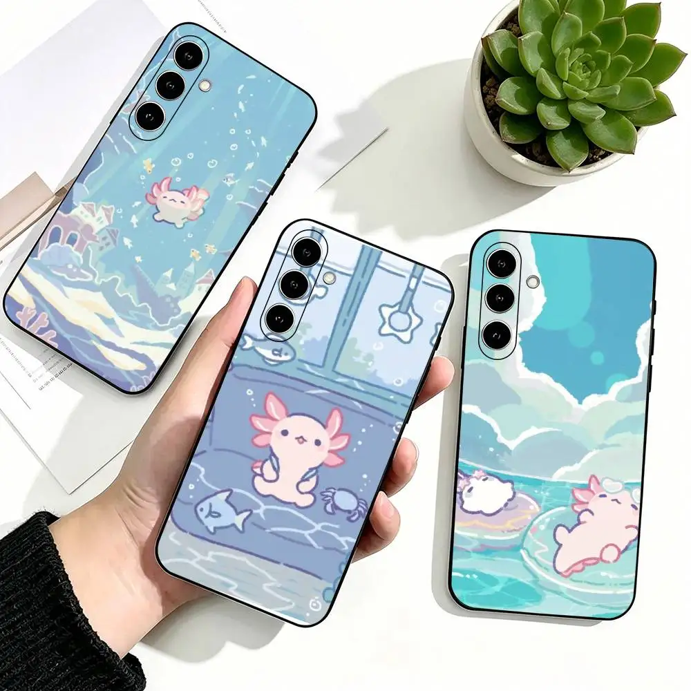 Cute Kawaii Axolotl Phone Case Black Silicone Soft For Samsung Galaxy A73,A72,A71,A70,A53,A52,A51