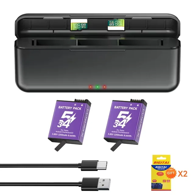 Batería de 2250 mAh para cámara DJI Osmo Action 5 Pro Action 4/3 con cargador rápido de 3 canales para accesorios DJI Osmo 360 Action 6