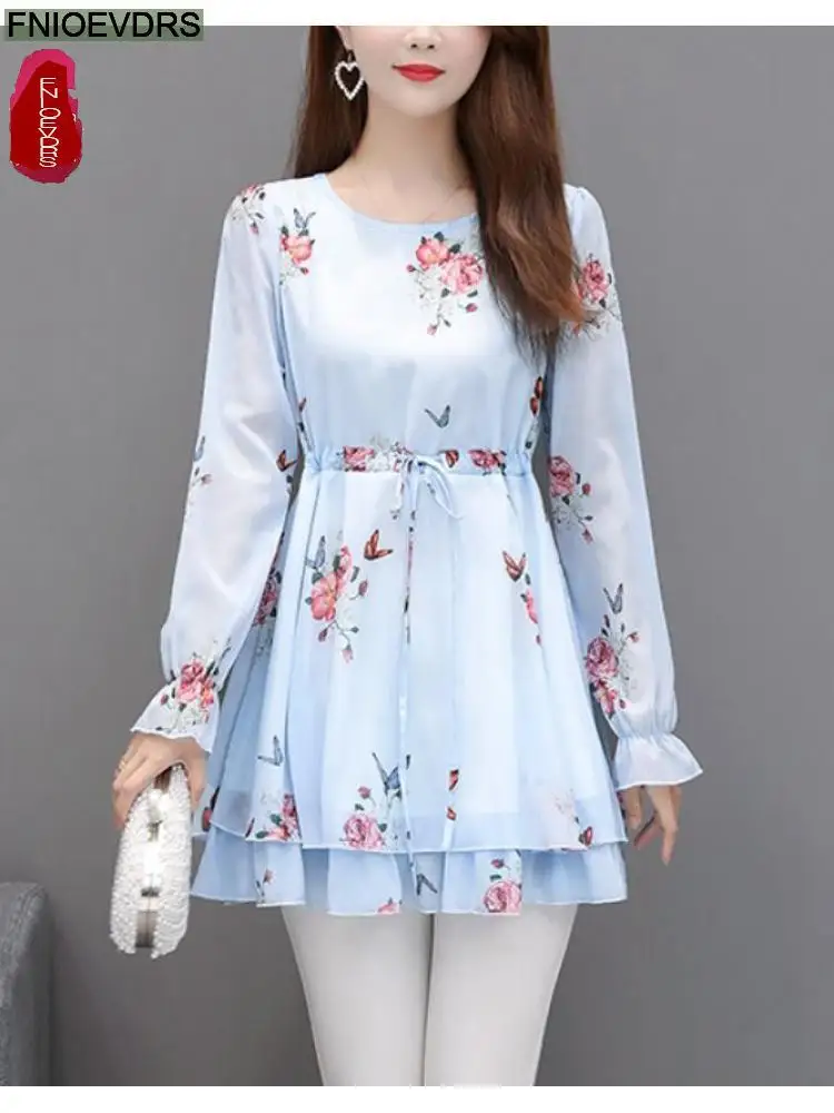 2022 Women Retro Elegant Office Lady Vintage Loose Floral Print Ruffles Peplum Tops Belly Long Tunic Basic Shirts Blouses 4239