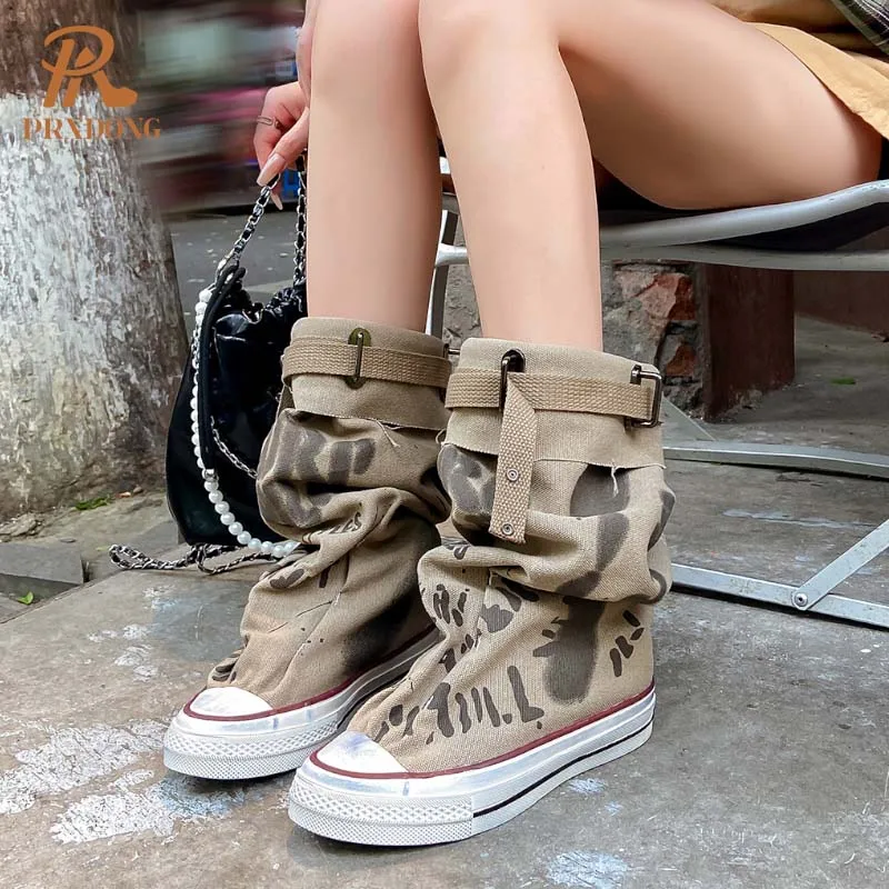 PRXDONG damskie buty 2024 nowa moda jesienna zima buty niskie buty na obcasie Khaki Punk Stykle w stylu Casual, damska do połowy łydki rozmiar butów