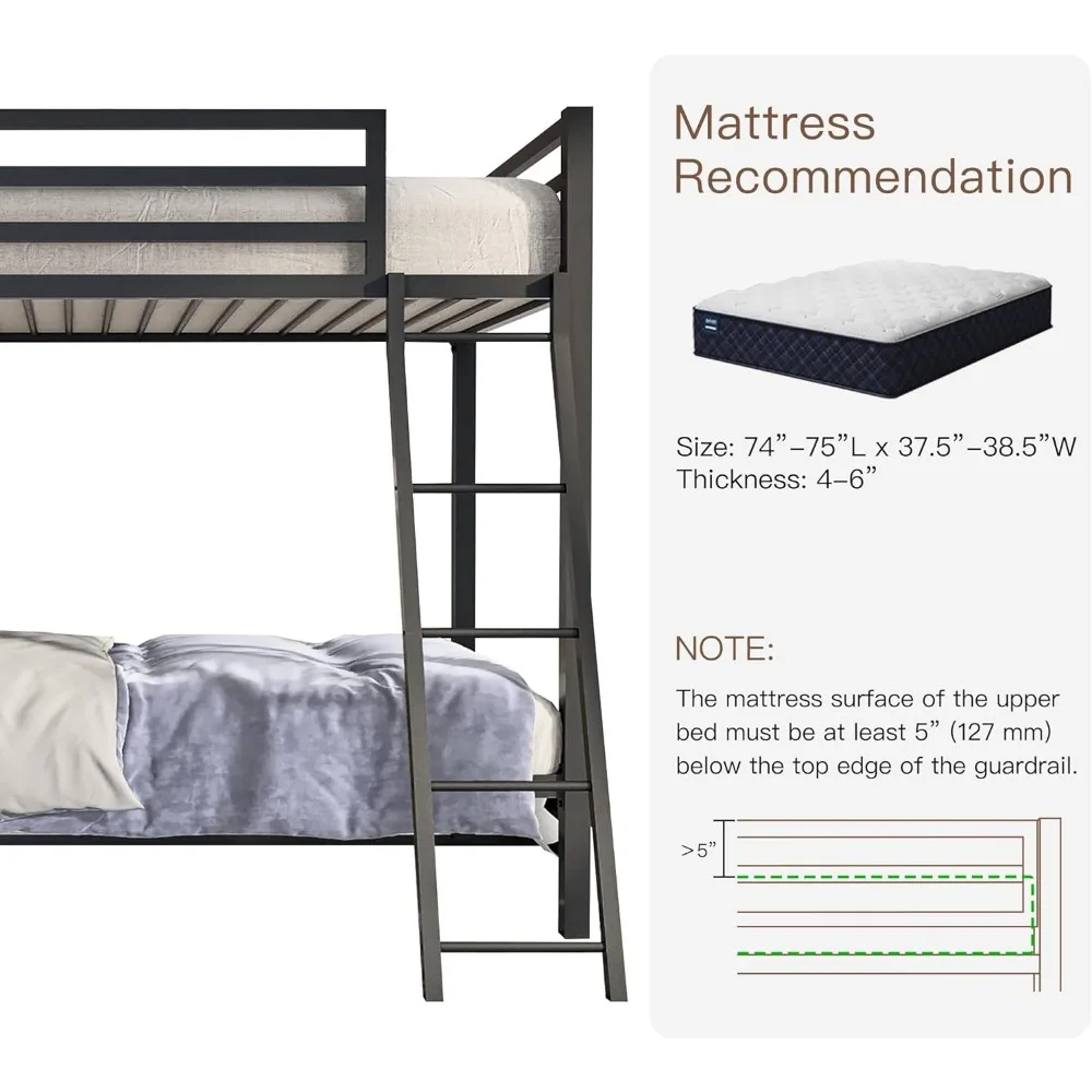 Lit superposé en métal, lits jumeaux RapDuty avec rail de protection de sécurité de 14 po et échelle inclinée robuste, peu encombrant, pas de ressort mécanique nécessaire