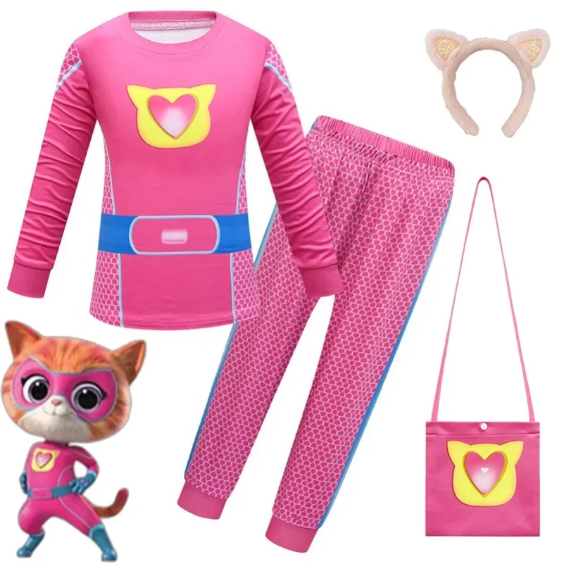 Niños SuperKitties Halloween dibujos animados niños Cosplay disfraz Super gatitos amigo niñas Cos trajes máscara bolsa niños ropa de cumpleaños