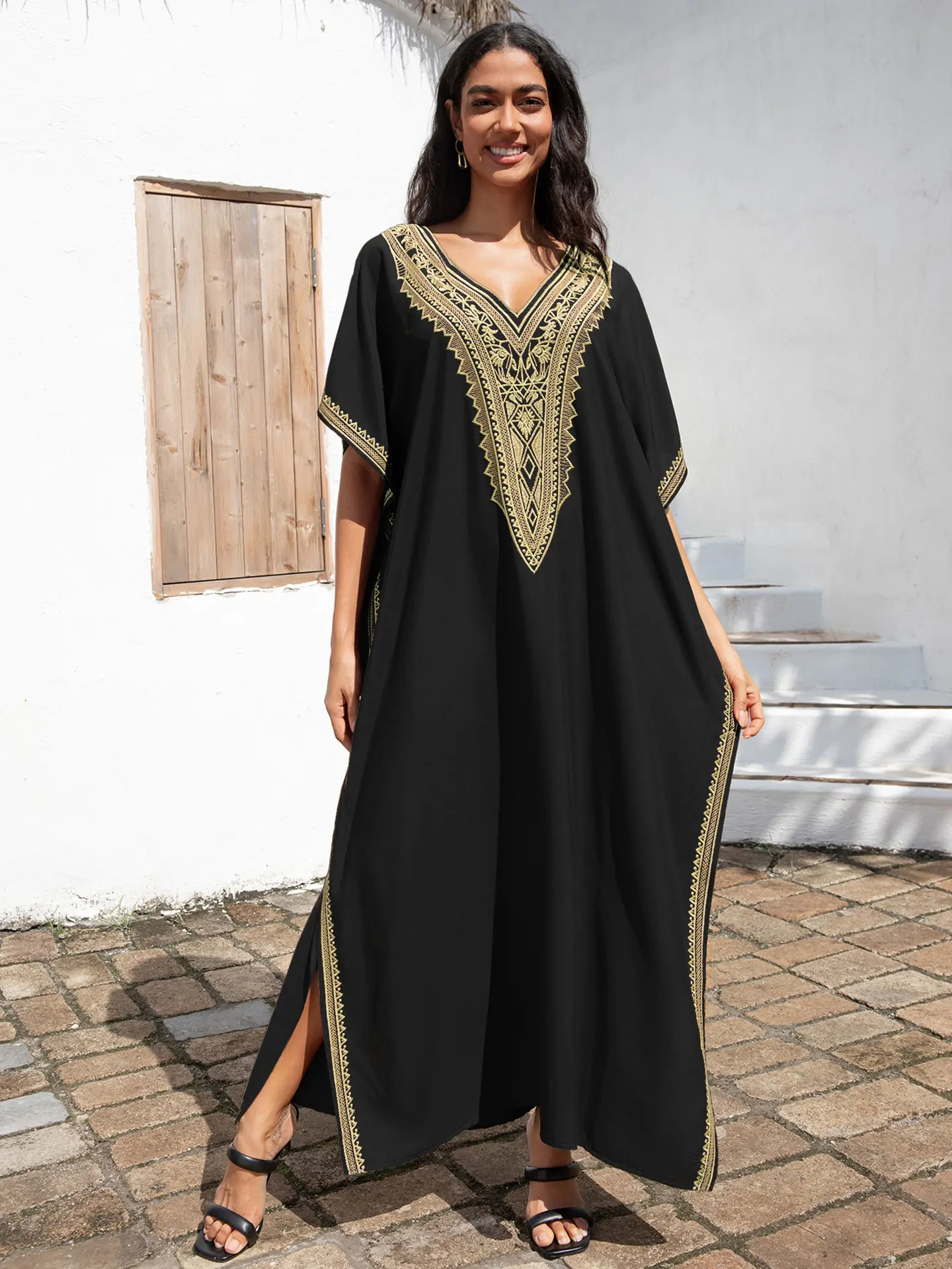 

Beach Dresses Gold Embroidered V Neck Elegant Kaftans for Women Black Swimsuit Cover Ups Summer Holiday Outfits