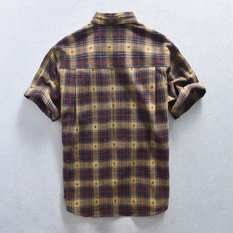 England Style Short Sleeve Plaid Shirt Men Summer Vintage Cargo Shirt Double Pockets Pure Cotton New in Shirt Youth Loose Shirts