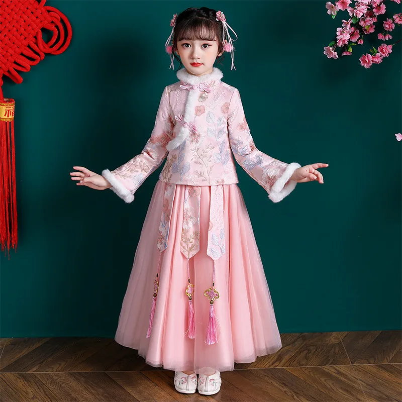 Red Girls Winter New Quilted Children's Hanfu Dress Lovely Girl Children Princess  Costume Dress Chinese New Years Clothes